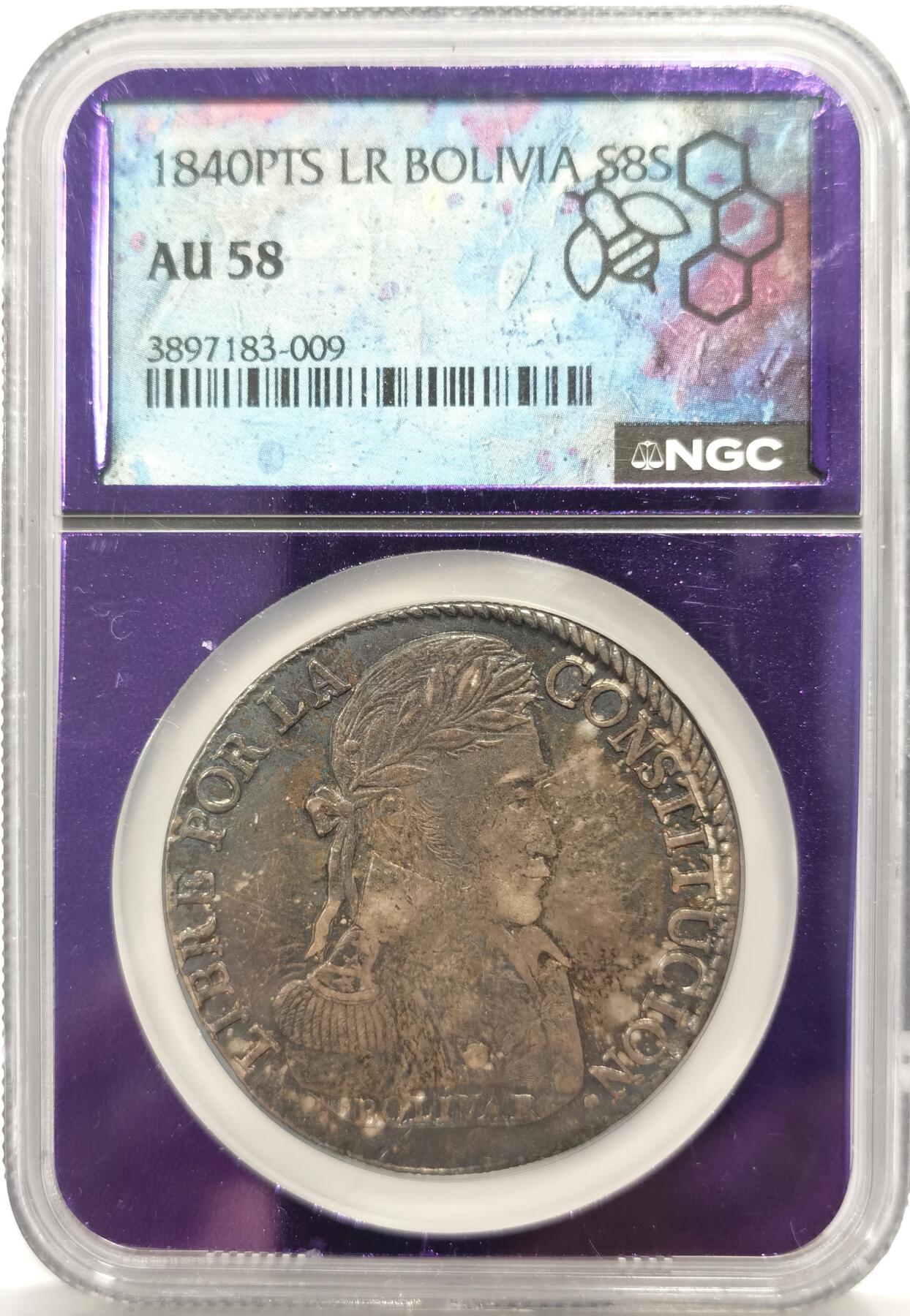 博洋堂“芳菲春韵”3月精品大拍专场暨第166期（全场包邮） NGC AU58 1840年玻利维亚PTS LR版8sol大银币 非常特殊且少见的镭射蜜蜂标签和插片，源自美国名家系列旧藏。相当罕见的品种，相当罕见的状态，原味黑彩包浆，状态极为出众，此年份麦稀奇仅见