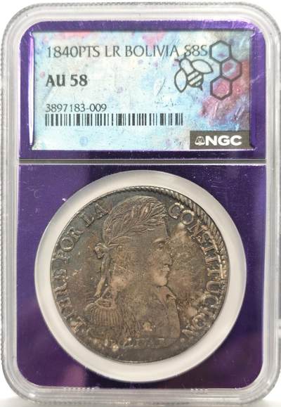 博洋堂“芳菲春韵”3月精品大拍专场暨第166期（全场包邮） - NGC AU58 1840年玻利维亚PTS LR版8sol大银币 非常特殊且少见的镭射蜜蜂标签和插片，源自美国名家系列旧藏。相当罕见的品种，相当罕见的状态，原味黑彩包浆，状态极为出众，此年份麦稀奇仅见