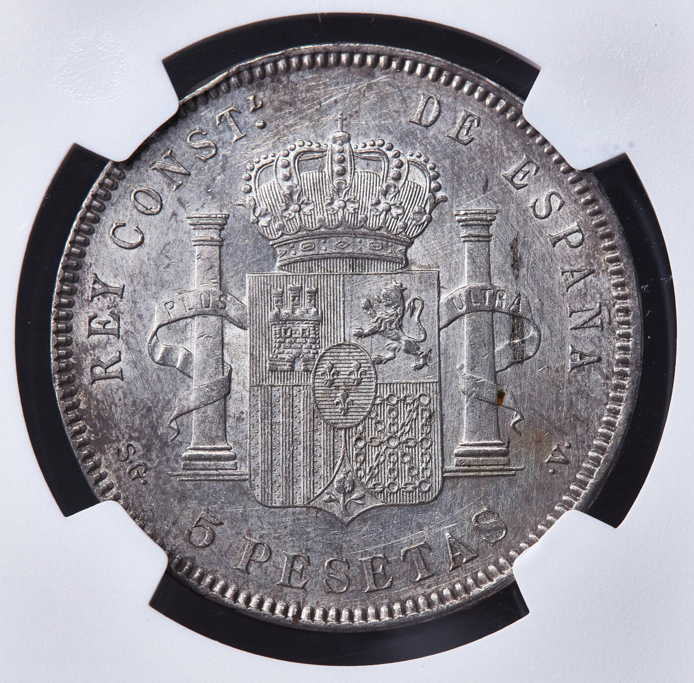 【俄甄集藏】2026年(050)04-01星期三 晚 19:30 全场包邮 西班牙1899年骑字版阿方索十三世5比塞塔大银币，NGC UNCD，黄油彩包浆，原光品相