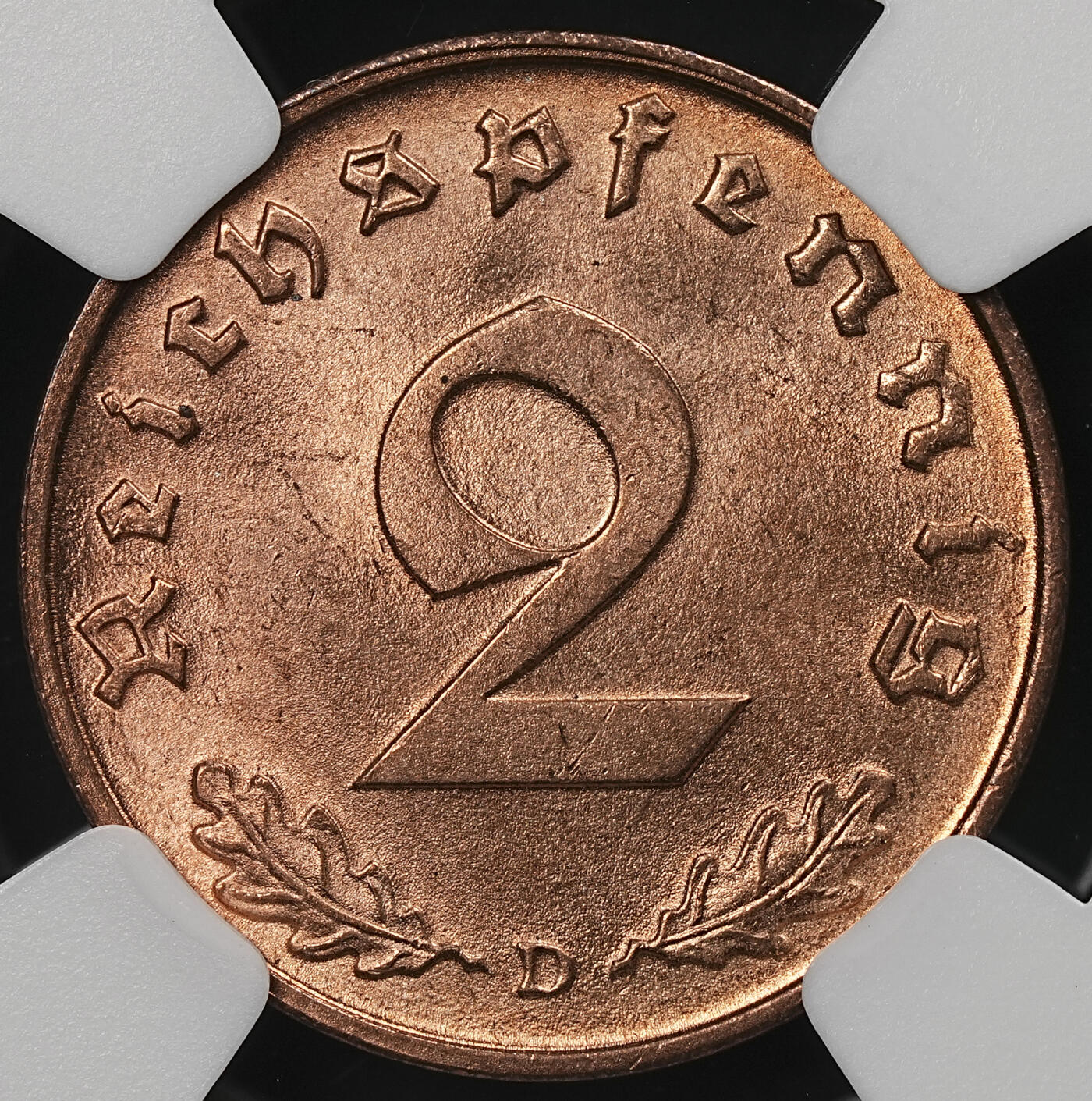 修遠堂世界钱币第109期 NGC MS65RD 1939年德国2芬尼铜币 RD难得 D厂铭