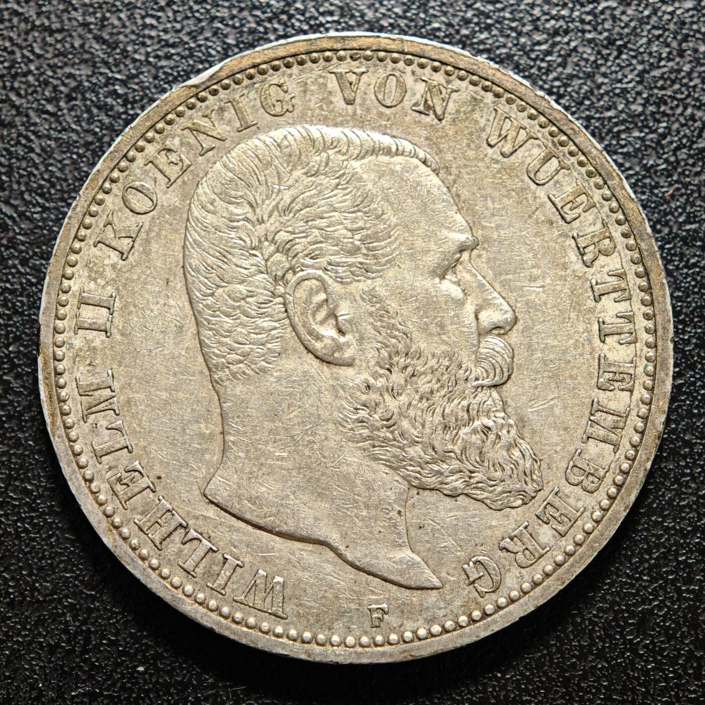 【德藏】世界币章拍卖第169期（拍品征集中~欢迎藏友联系） 1913年 德国符腾堡威廉二世5马克大银币 直径约：38mm；重约：27.7g 淡彩包浆