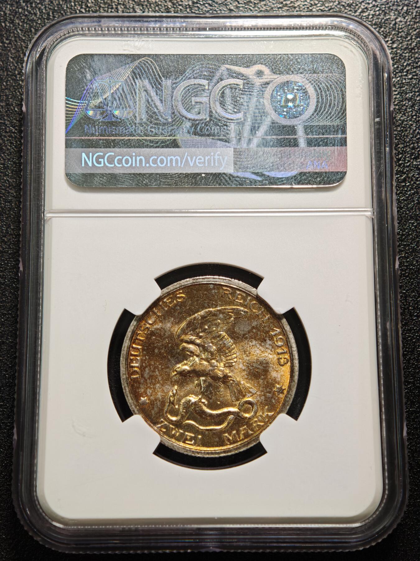 【德藏】世界币章拍卖第169期（拍品征集中~欢迎藏友联系） 1913年 德国普鲁士战胜拿破仑2马克纪念银币 NGC MS63 原光极强 背金包浆