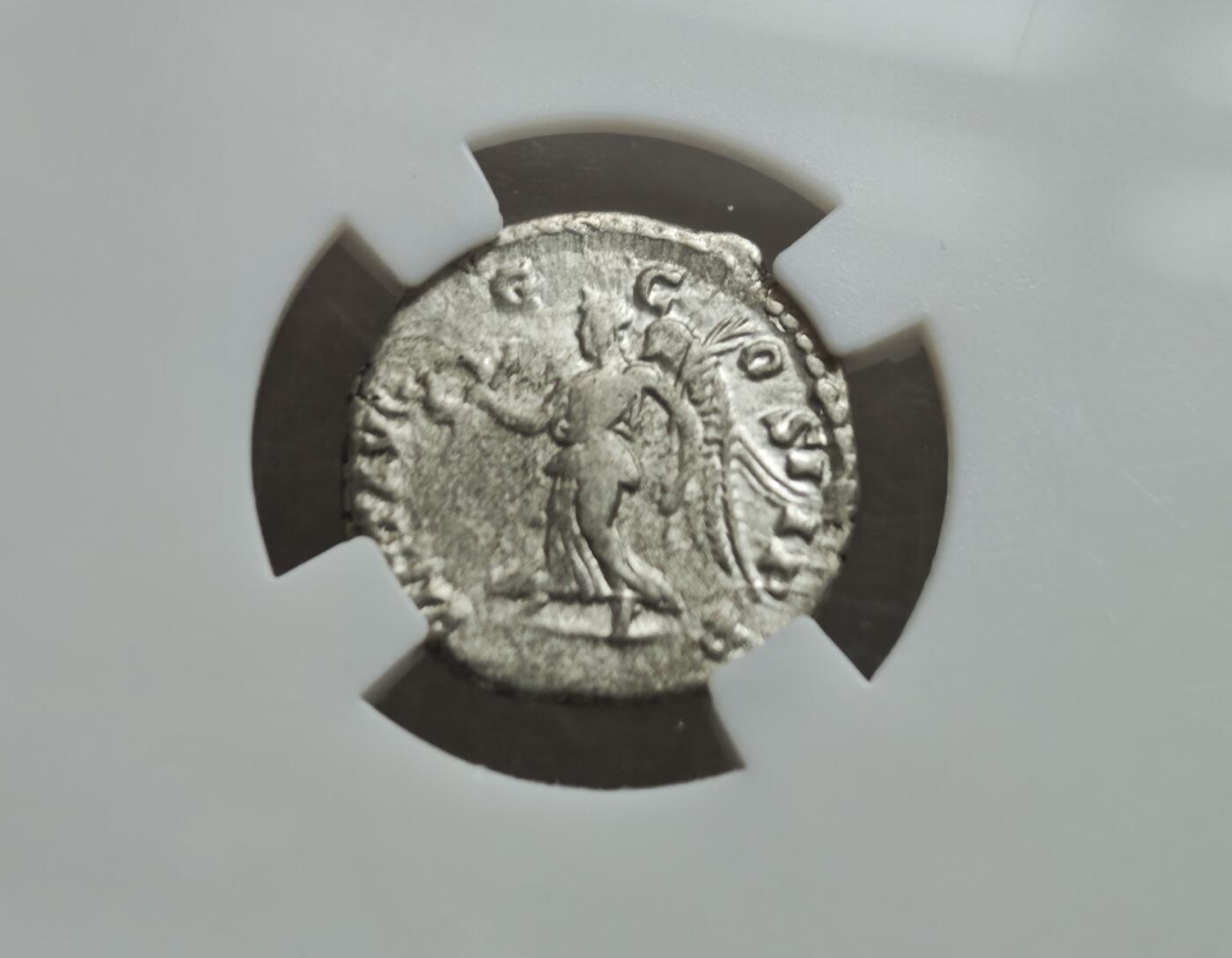 瓶子🏺第234期拍卖会  古罗马塞维鲁皇帝1狄纳里银币（公元193–211年）   古罗马帝国塞维鲁王朝时期发行的1狄纳里（Denarius）银币，铸造于公元193–211年，由众诚详评（ZDGS）评级为Ch VF（极美品），重3.14克  背面是胜利女神
