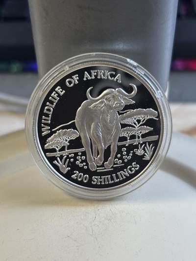 第195期拍卖 - 稀少坦桑尼亚1997年珍惜动物野牛精制纪念银币，500银，20克，发行5000枚，塑料盒有裂痕