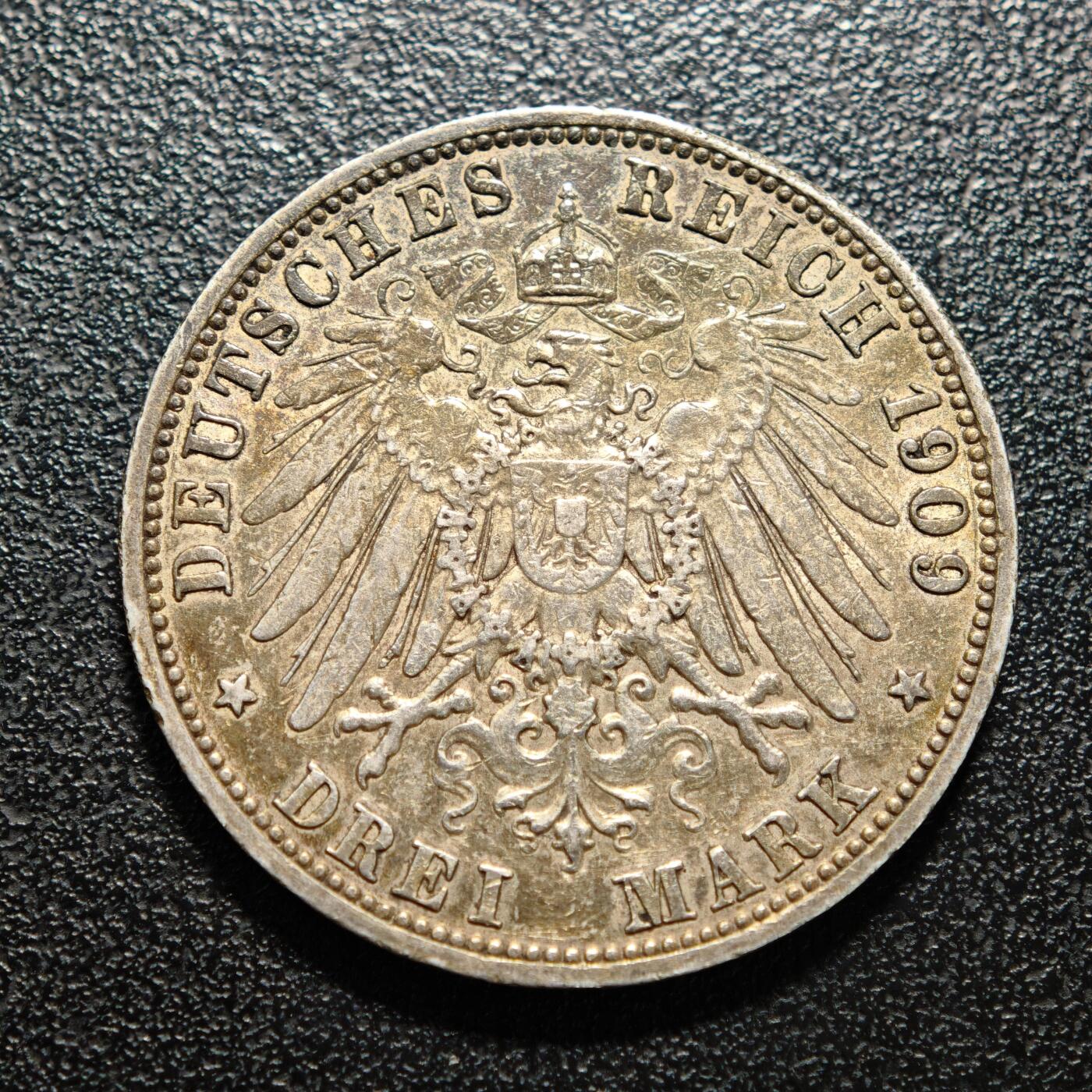 【德藏】世界币章拍卖第169期（拍品征集中~欢迎藏友联系） 1909年 德国普鲁士威廉二世3马克银币 直径约：33mm；重约：16.5g 黄油包浆