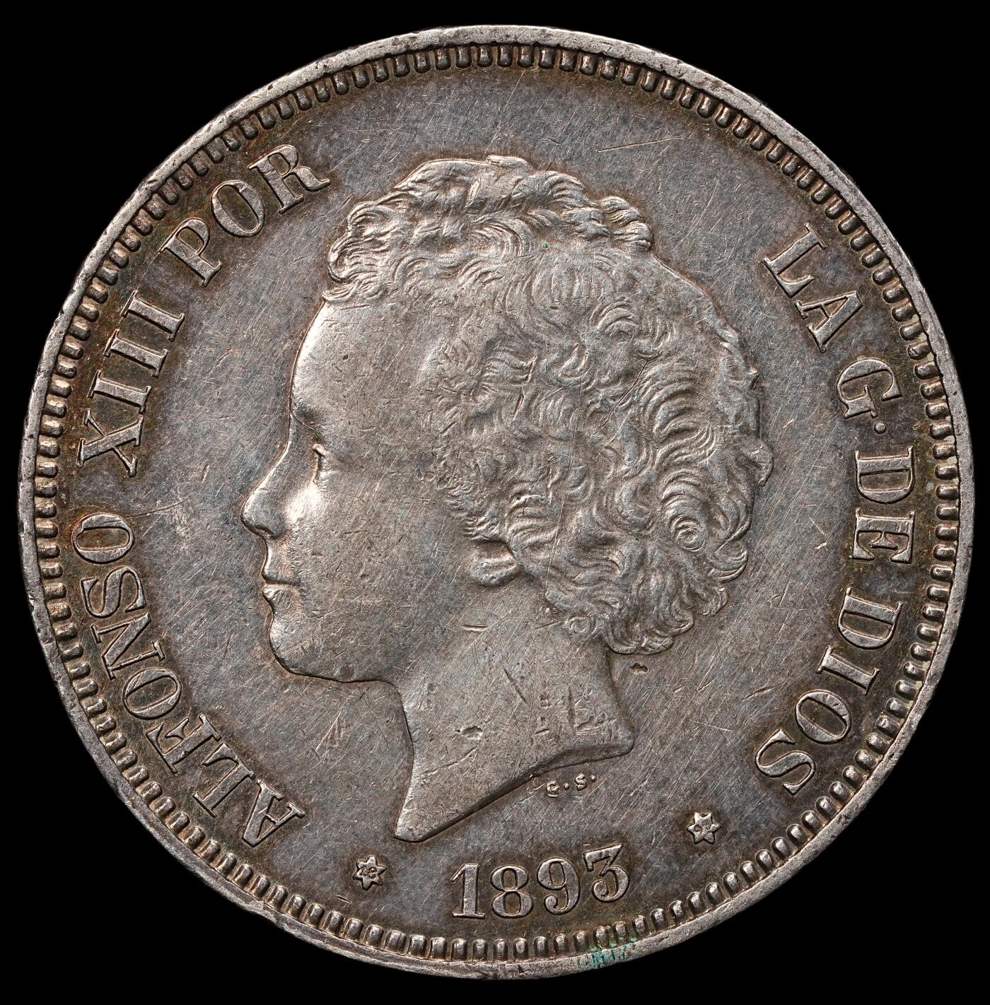 修遠堂世界钱币第109期 1893年西班牙阿方索十三世5比塞塔银币PGV厂铭，轻微老洗，AU细节，大特年，非常稀少，仅50多万铸造量