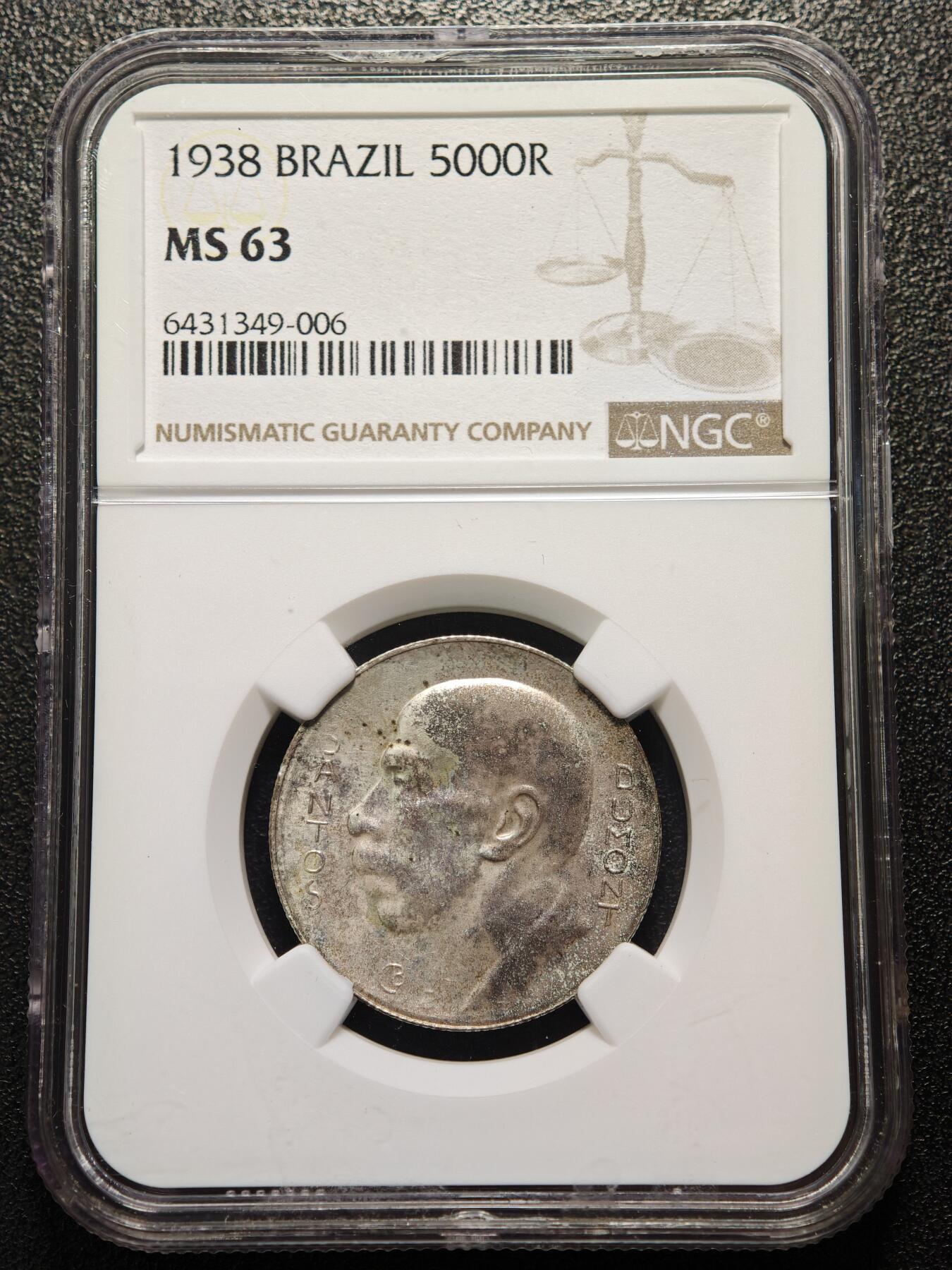 【德藏】世界币章拍卖第169期（拍品征集中~欢迎藏友联系） 1938年 巴西5000瑞斯银币 NGC MS63 状态极佳