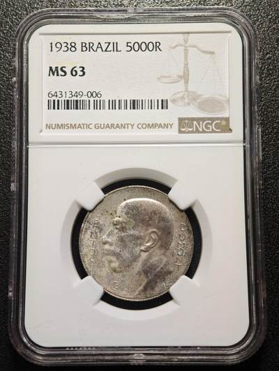 【德藏】世界币章拍卖第169期（拍品征集中~欢迎藏友联系） - 1938年 巴西5000瑞斯银币 NGC MS63 状态极佳