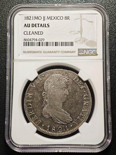 【德藏】世界币章拍卖第169期（拍品征集中~欢迎藏友联系） - 1821年 墨西哥费尔南多七世8里亚尔双柱银币 NGC AU 状态安逸