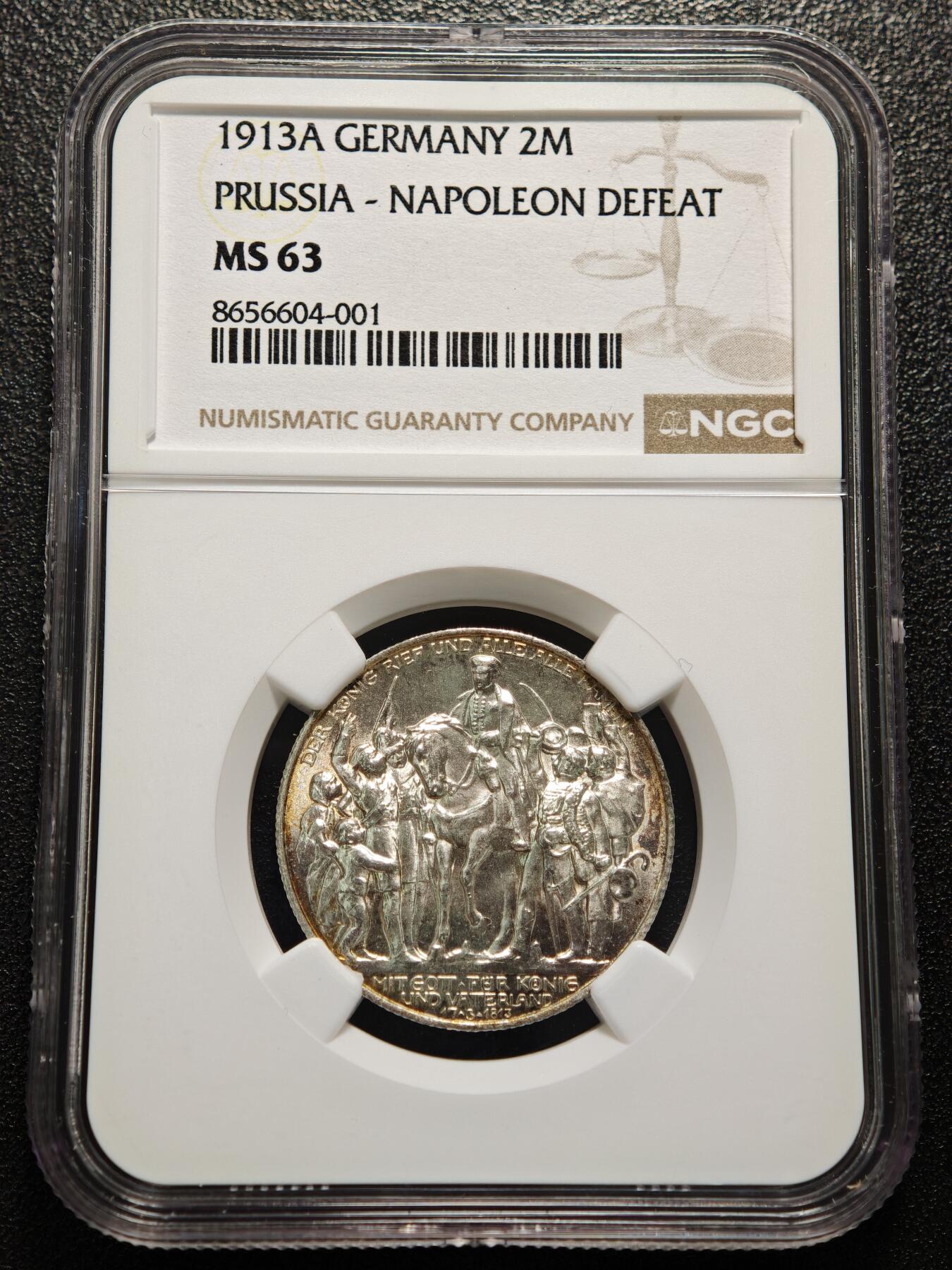 【德藏】世界币章拍卖第169期（拍品征集中~欢迎藏友联系） 1913年 德国普鲁士战胜拿破仑2马克纪念银币 NGC MS63 原光极强 背金包浆