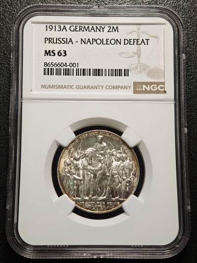 【德藏】世界币章拍卖第169期（拍品征集中~欢迎藏友联系） - 1913年 德国普鲁士战胜拿破仑2马克纪念银币 NGC MS63 原光极强 背金包浆