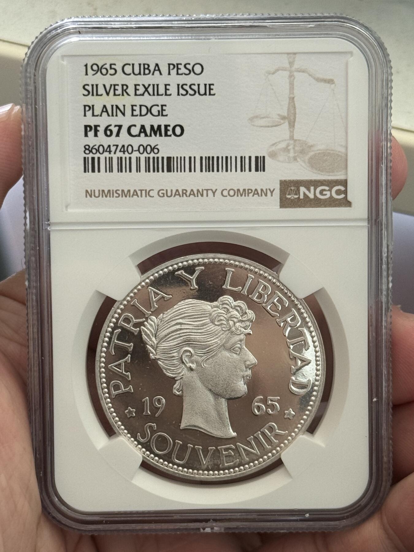 NGC-PF67 1965古巴流亡政府女神比索银币