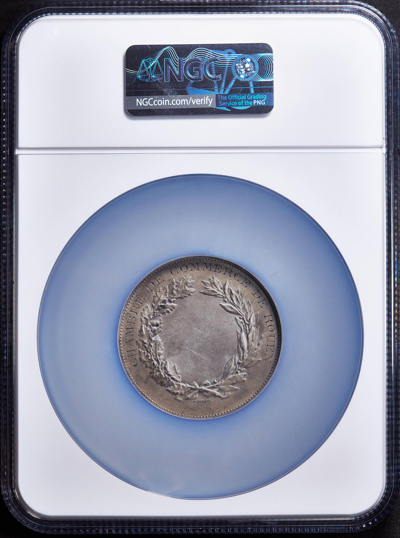 【俄甄集藏】2026年(050)04-01星期三 晚 19:30 全场包邮 法国19世纪玛丽安娜头像鲁昂商会纪念贸易成就大银章，NGC MS64，黄油酱彩老包浆，高浮雕，细节状态佳，直径50mm，名家欧仁·杜皮斯作品，丰饶角铭