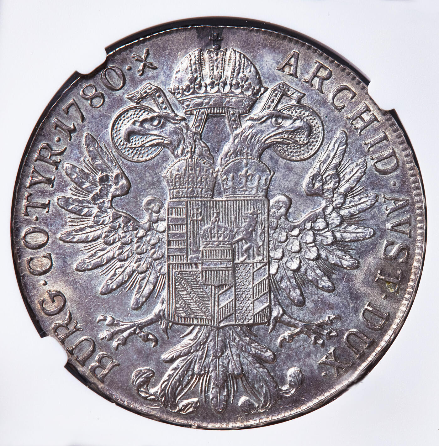 【俄甄集藏】2026年(050)04-01星期三 晚 19:30 全场包邮 神圣罗马帝国-奥地利1780年原铸版玛利亚·特蕾莎皇后SF版1泰勒大奶妈银币，NGC MS61，京茨堡造币厂出品，紫罗兰酱彩老包浆，原光品相，细节犀利，原铸版难得