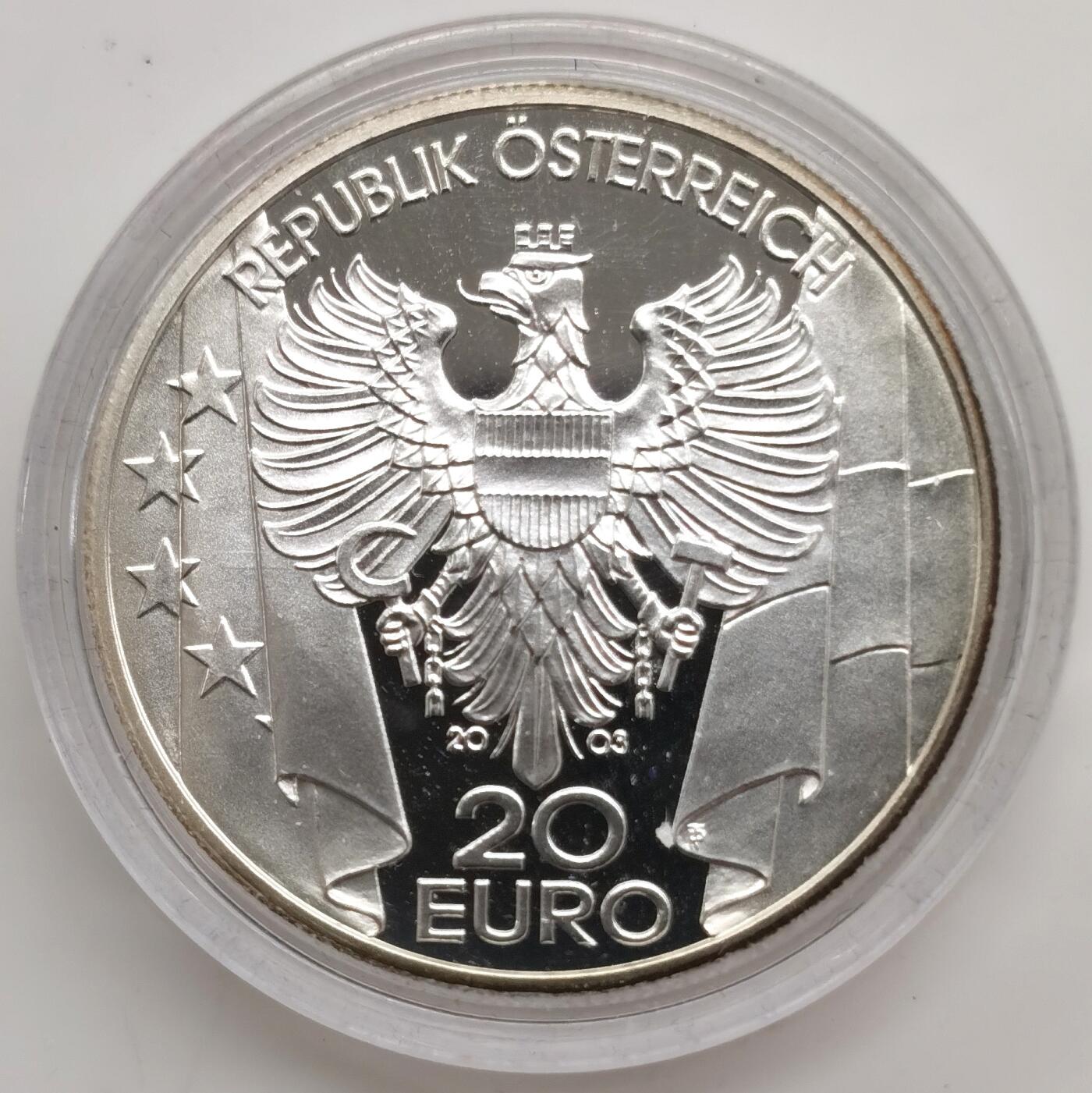 博洋堂世界钱币拍卖第167期（全场包邮） 奥地利2003年20欧元精制银币 二战后重建计划 20克900银 发行量：5万