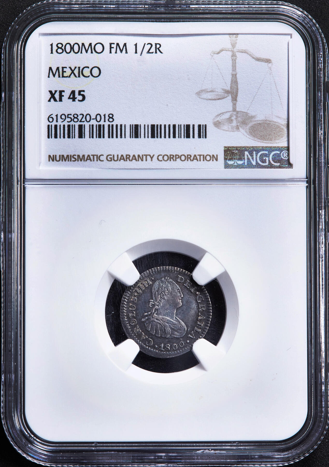 【俄甄集藏】2026年(050)04-01星期三 晚 19:30 全场包邮 西属墨西哥1800年卡洛斯四世Mo FM版1/2里亚尔双柱银币，NGC XF45，酱彩包浆，细节犀利，状态尚佳