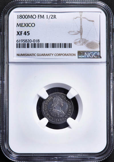 【俄甄集藏】2026年(050)04-01星期三 晚 19:30 全场包邮 - 西属墨西哥1800年卡洛斯四世Mo FM版1/2里亚尔双柱银币，NGC XF45，酱彩包浆，细节犀利，状态尚佳