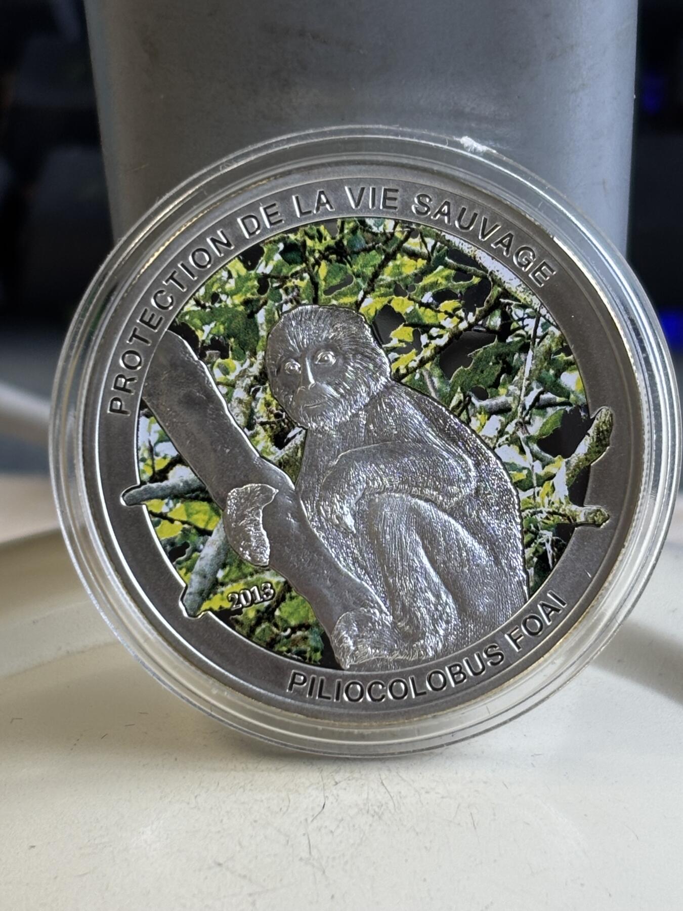 第195期拍卖 中非2013年红疣猴1000法郎彩色精制纪念银币，20克，925银，发行量2013枚