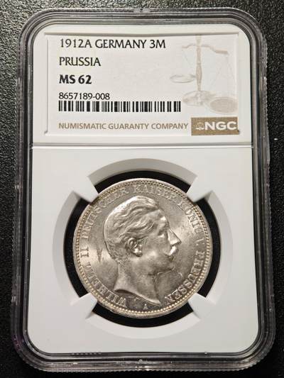 【德藏】世界币章拍卖第169期（拍品征集中~欢迎藏友联系） - 1912年 德国普鲁士威廉二世3马克银币 NGC MS62 原光极强