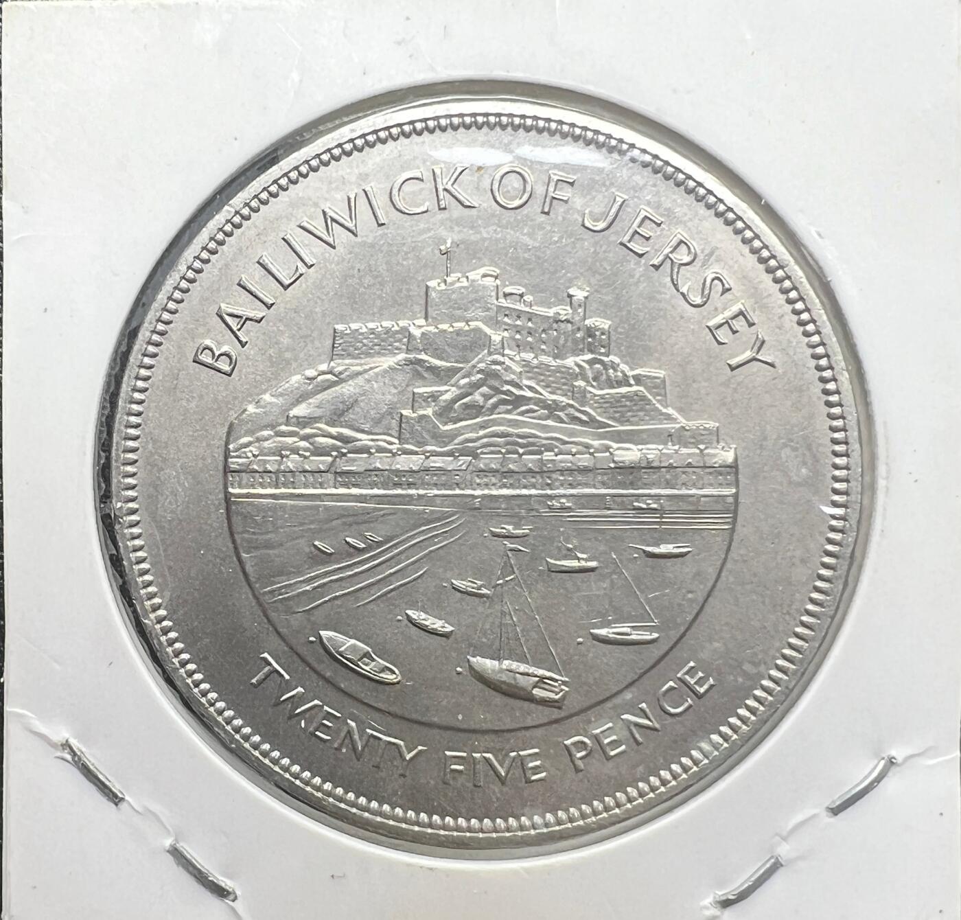 1977 年泽西岛伊丽莎白二世登基 25 周年 25 便士纪念币 蒙奥盖尔城堡