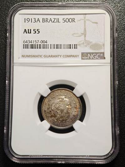 【德藏】世界币章拍卖第169期（拍品征集中~欢迎藏友联系） - 1913年 巴西女神版500瑞斯银币 NGC AU55 五彩包浆
