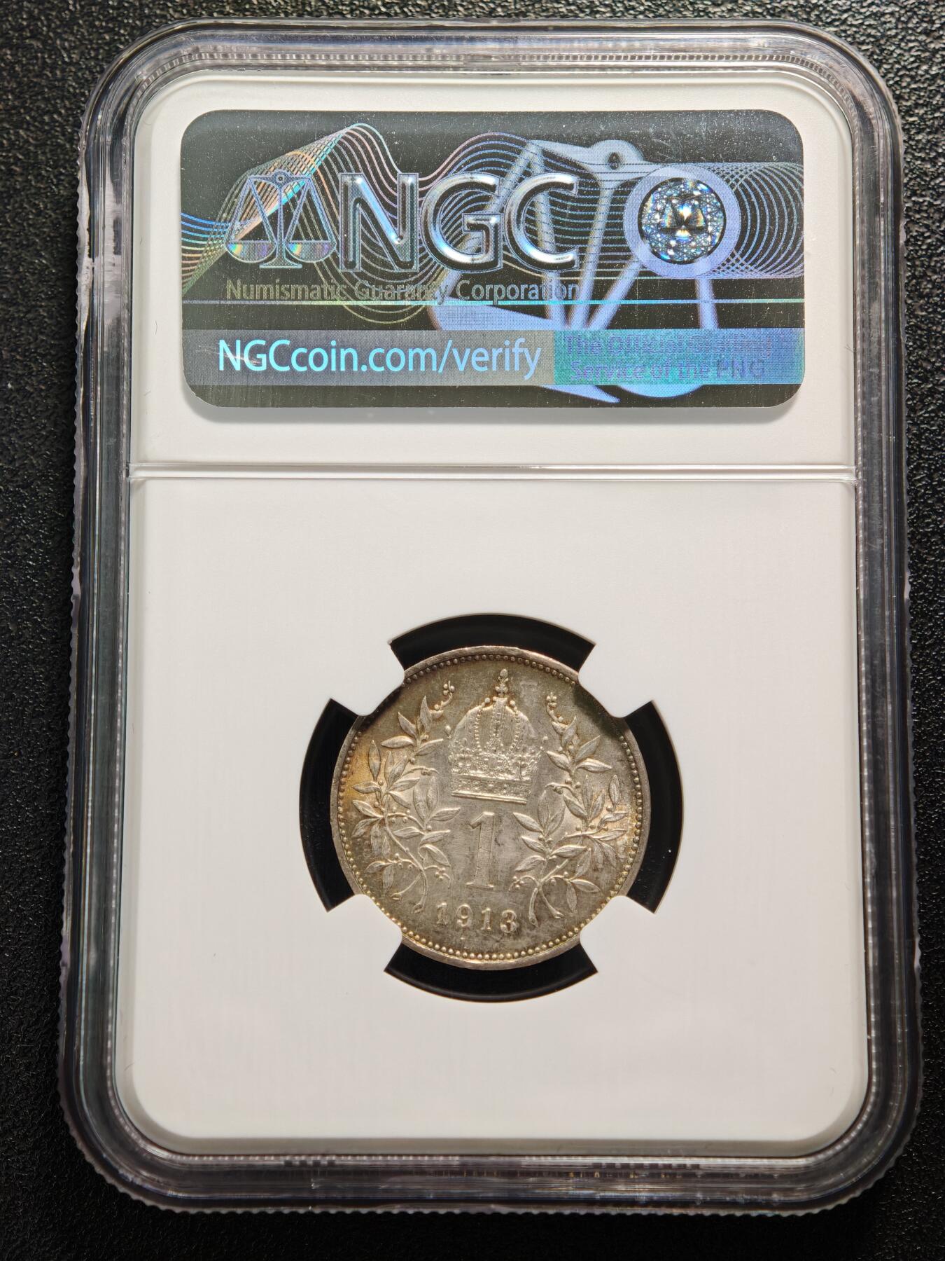 【德藏】世界币章拍卖第169期（拍品征集中~欢迎藏友联系） 1913年 奥地利约瑟夫一世1克朗银币 NGC MS63 环彩包浆