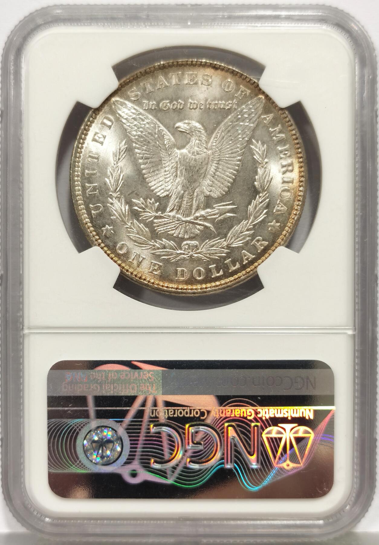 博洋堂“芳菲春韵”3月精品大拍专场暨第166期（全场包邮） NGC MS65 美国1887年摩根银币 双面鎏金焕采 整个币显得及其高雅再加上大西北名家旧藏标签 收藏就要做到传承有序 用这种灵动的方式来链接过去