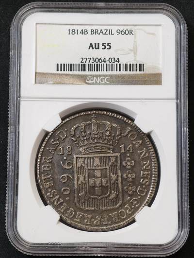 “方寸甄品”甄品场，甄臻铺-世界币章拍卖（第57期，直播拍卖），送拍享返佣金等优惠多多 - NGC-AU55 1814B 巴西960R 大银币，老味道包浆