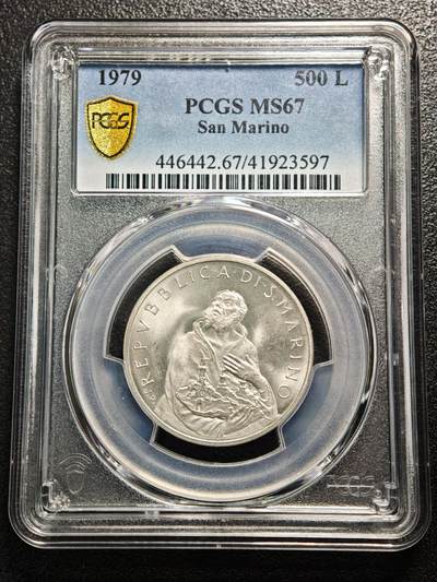【德藏】世界币章拍卖第169期（拍品征集中~欢迎藏友联系） - 1979年 圣马力诺500里拉银币 PCGS MS67 原光极强