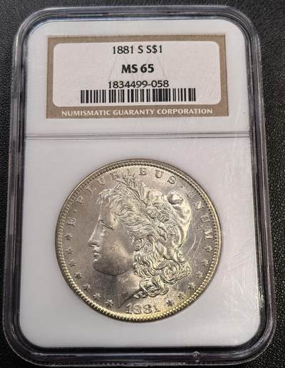 “方寸甄品”甄品场，甄臻铺-世界币章拍卖（第57期，直播拍卖），送拍享返佣金等优惠多多 - NGC-MS65 美国1881年S版 摩根$1银币 镜面底板 鹰面月牙彩 老盒好品