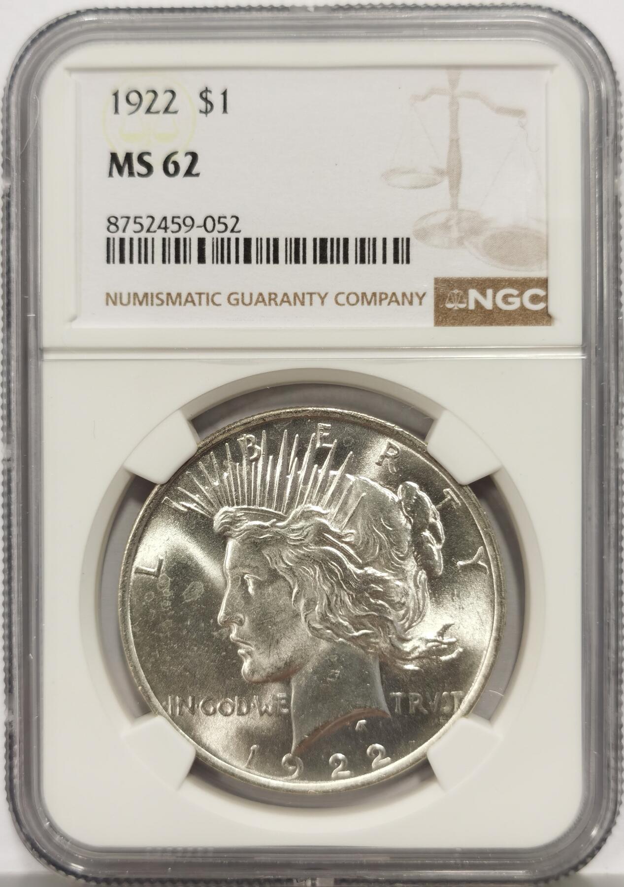 博洋堂“芳菲春韵”3月精品大拍专场暨第166期（全场包邮） NGC MS62 美国1922年和平银币 BU卷拆光度一流，绸缎光丝滑不断，底板滑丝少，打制完美，62低评