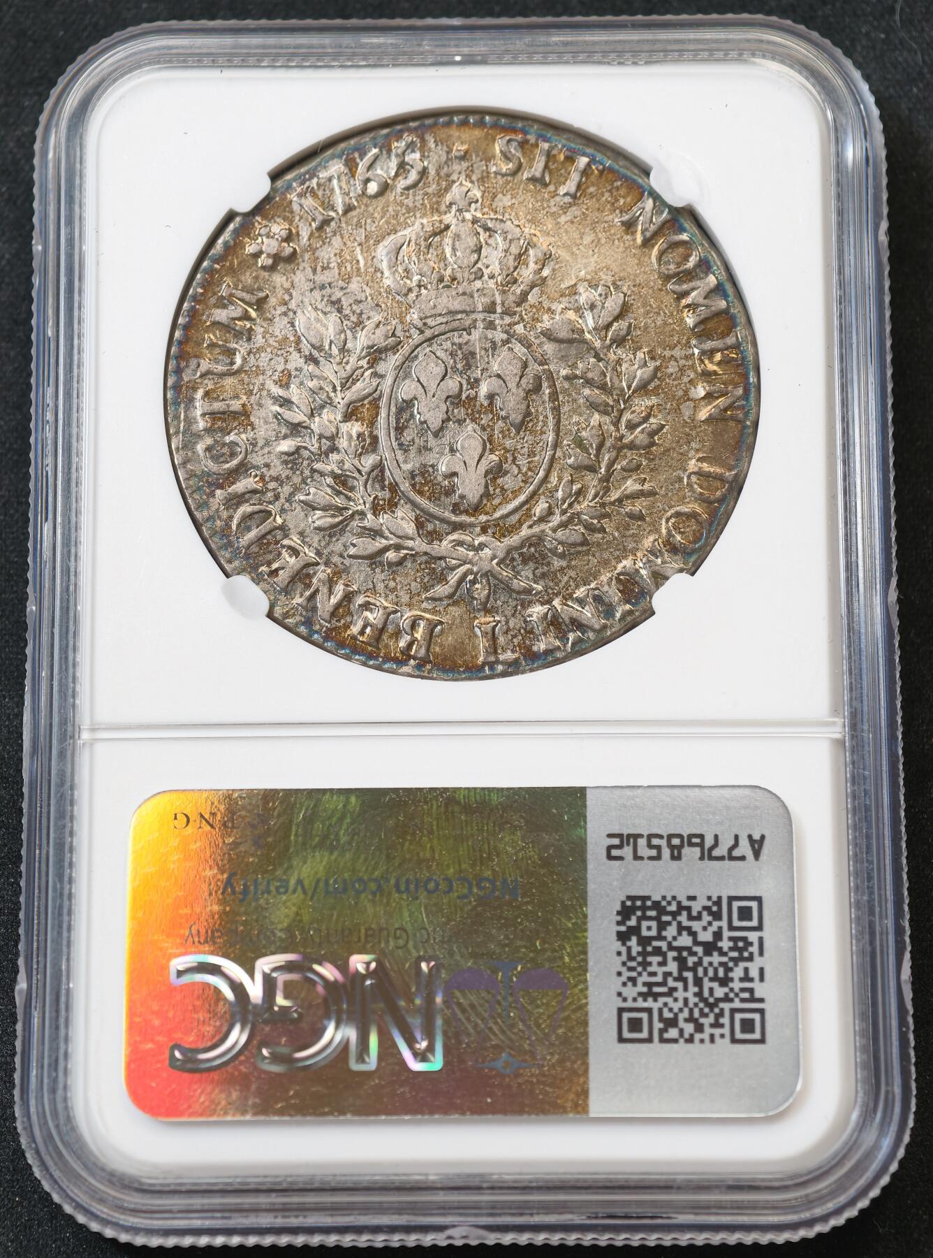 “方寸甄品”甄品场，甄臻铺-世界币章拍卖（第57期，直播拍卖），送拍享返佣金等优惠多多 NGC-XFD 法国1765年路易十五青年版埃居银币 炫彩包浆 30g的大尺寸银币，橘色包浆