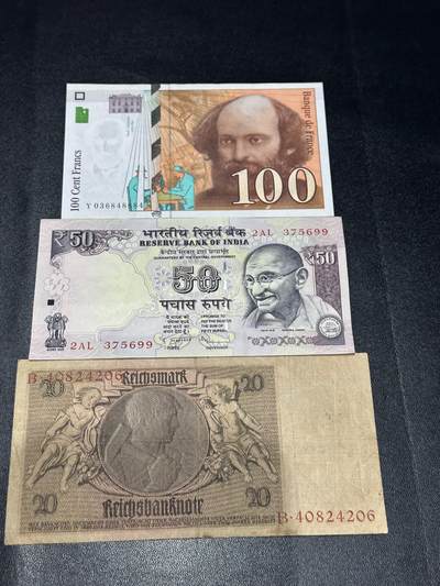 《外钞收藏家》第六百二十一期（精选场）（长期征集拍品、欢迎藏友们联系合作） - 1997年法国末版100法郎 UNC-  加上印度50和德国20马克非全新 一起