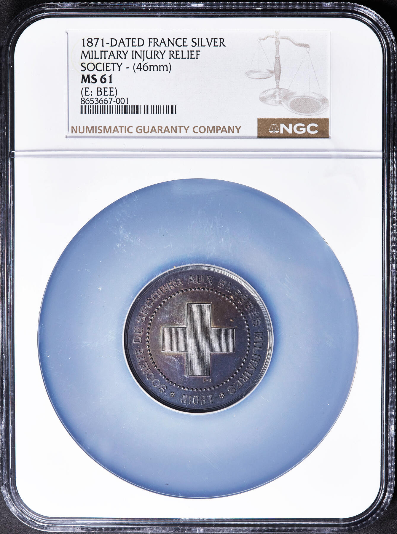 【俄甄集藏】2026年(050)04-01星期三 晚 19:30 全场包邮 法国1871年普法战争尼奥尔市军事伤员救济红十字协会大银章，NGC MS61，紫罗兰酱彩包浆，底板凝霜，直径46mm，少见品种，蜜蜂铭