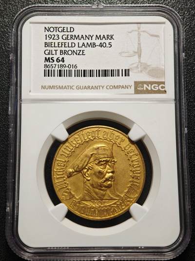 【德藏】世界币章拍卖第169期（拍品征集中~欢迎藏友联系） - 1923年 德国德紧比勒菲尔德市1金马克镀金铜币 1金马克等值于1万亿马克 NGC MS64 金水十足