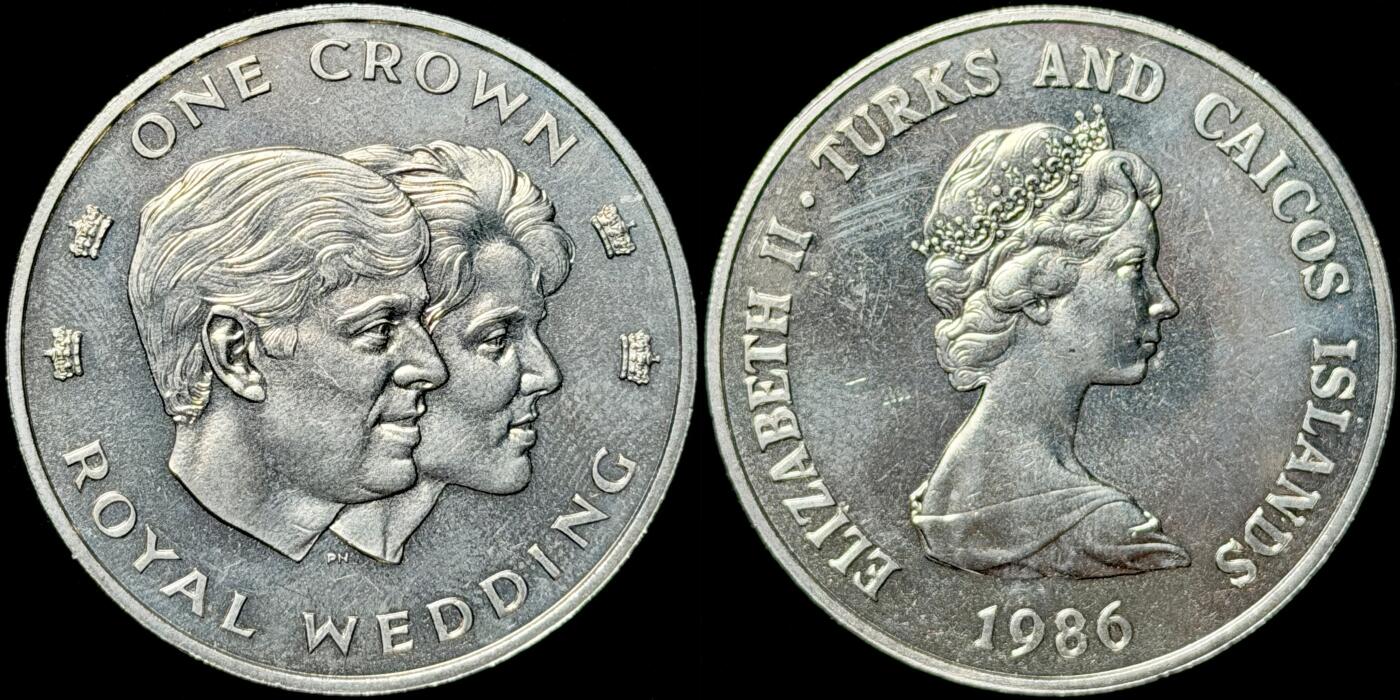 ＜星葵🌻钱币社＞第72期·东奔西走的硬币·3月31日发货 〈发行量20000〉特克斯和凯科斯群岛1986年安德鲁王子和莎拉·弗格森·皇室婚礼1克朗纪念币