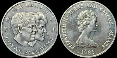 ＜星葵🌻钱币社＞第72期·东奔西走的硬币·3月31日发货 - 〈发行量20000〉特克斯和凯科斯群岛1986年安德鲁王子和莎拉·弗格森·皇室婚礼1克朗纪念币