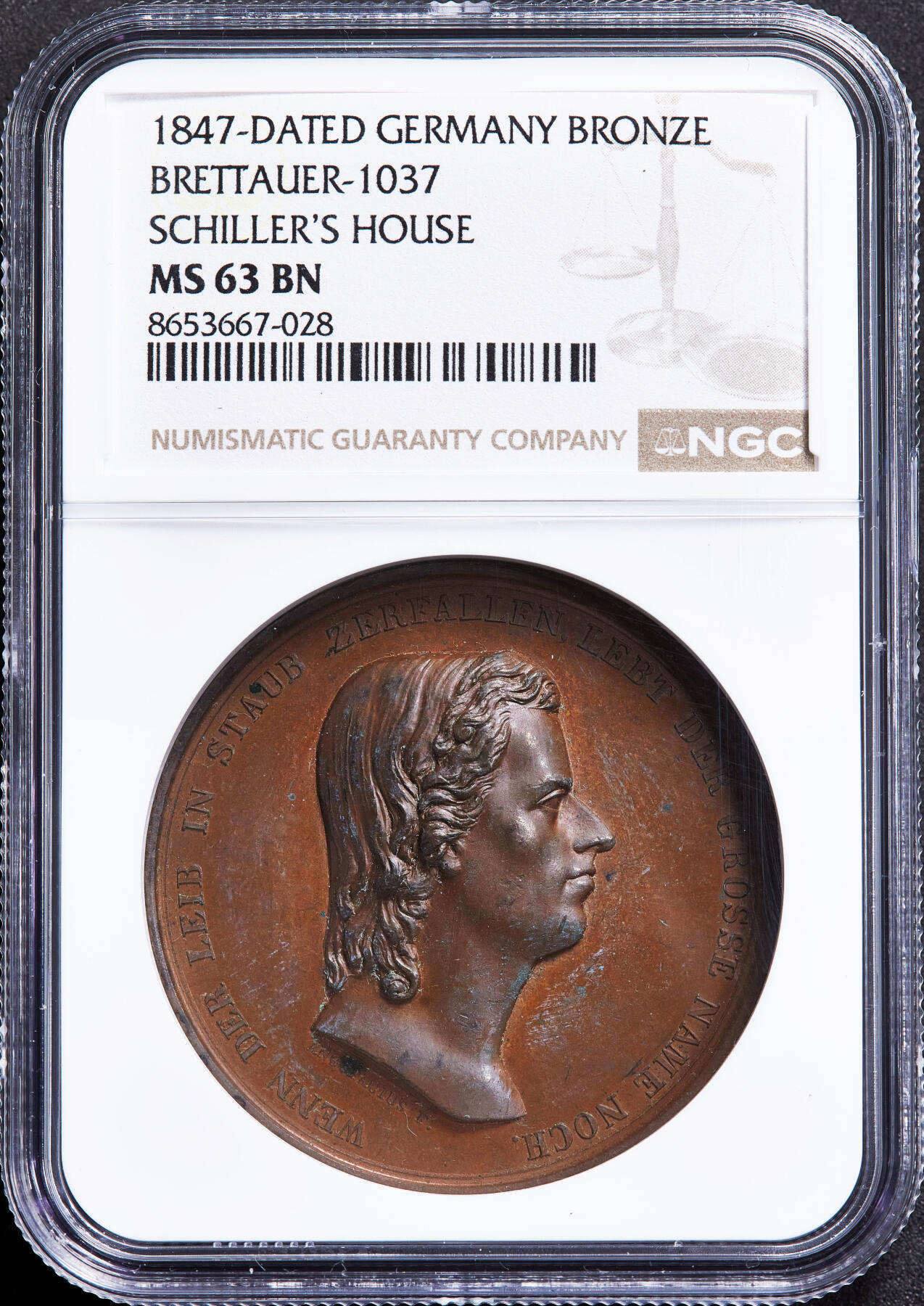 【俄甄集藏】2026年(050)04-01星期三 晚 19:30 全场包邮 德国1847年纪念古典文学家弗里德里希·席勒故居大铜章，NGC MS63，巧克力包浆，高浮雕，雕刻家法基留斯作品，直径42mm