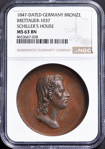 【俄甄集藏】2026年(050)04-01星期三 晚 19:30 全场包邮 - 德国1847年纪念古典文学家弗里德里希·席勒故居大铜章，NGC MS63，巧克力包浆，高浮雕，雕刻家法基留斯作品，直径42mm