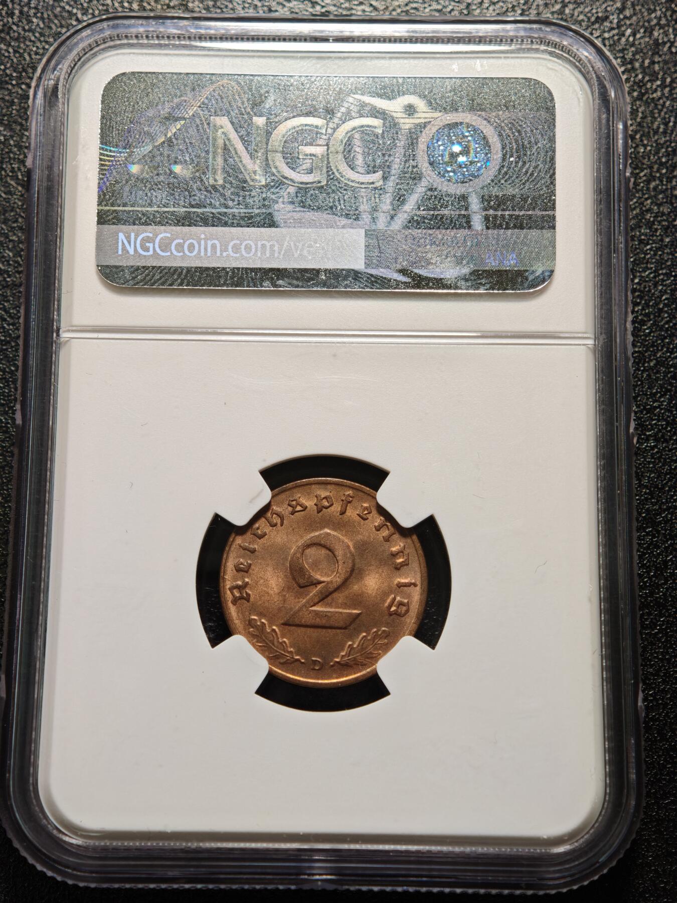【德藏】世界币章拍卖第169期（拍品征集中~欢迎藏友联系） 1938年 德国民族社会主义工人党2芬尼铜币 NGC MS63RB （原图请查询NGC评级官网）