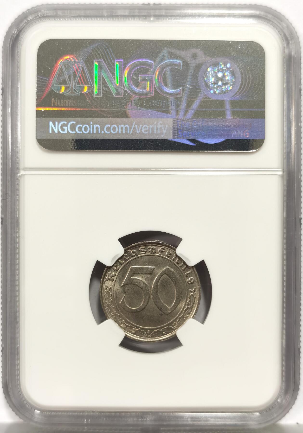 博洋堂“芳菲春韵”3月精品大拍专场暨第166期（全场包邮） NGC MS65 德国第三帝国1939年D版50芬尼镍币，传说中的回炉坦克币，仅有2枚更高分