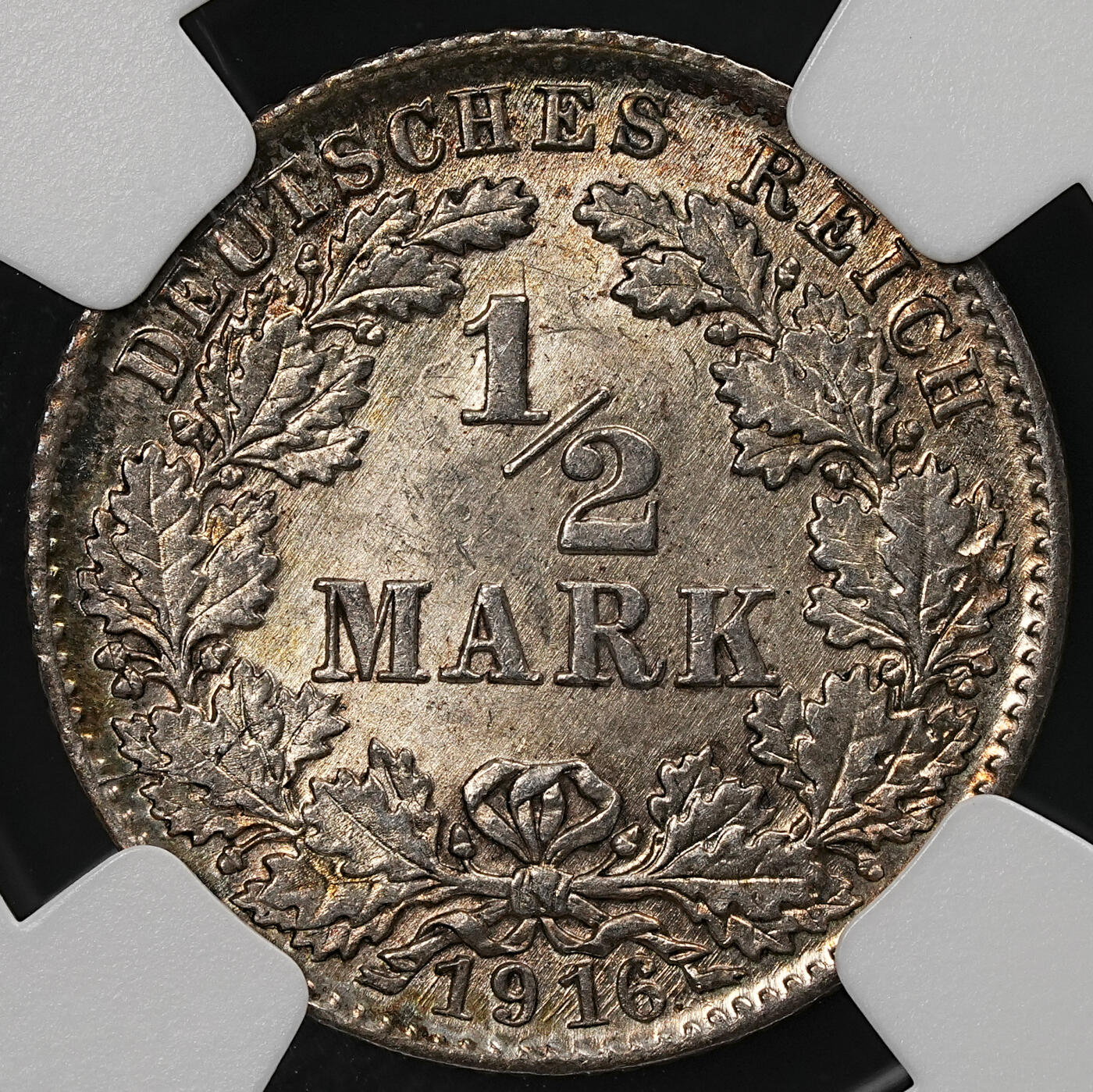 修遠堂世界钱币第109期 NGC MS65 1916年德国1/2马克银币 D厂铭