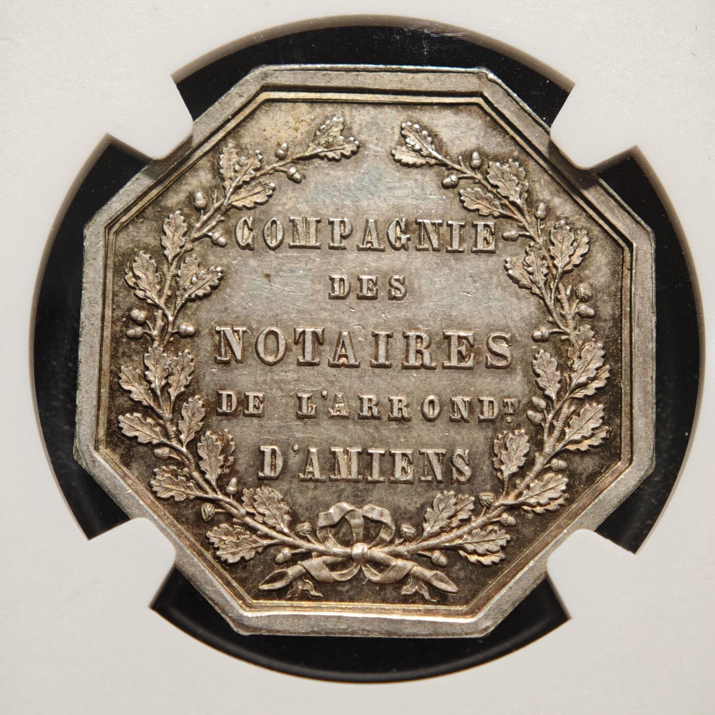 【德藏】世界币章拍卖第169期（拍品征集中~欢迎藏友联系） 1854年 法国亚眠公证处纪念银章八角代用币 NGC MS63 原味包浆 好状态