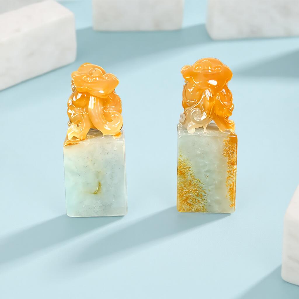 碧月说宝 君子怀瑾·当代和田玉清风专场(六) 黄翡兽钮貔貅印章一对