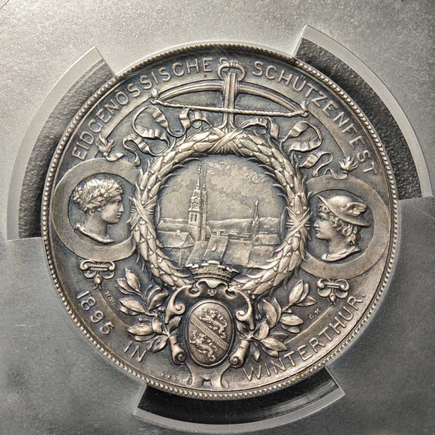 【德藏】世界币章拍卖第169期（拍品征集中~欢迎藏友联系） 1895年 瑞士温特图尔射击节女神纪念大银章  PCGS SP62 深彩包浆