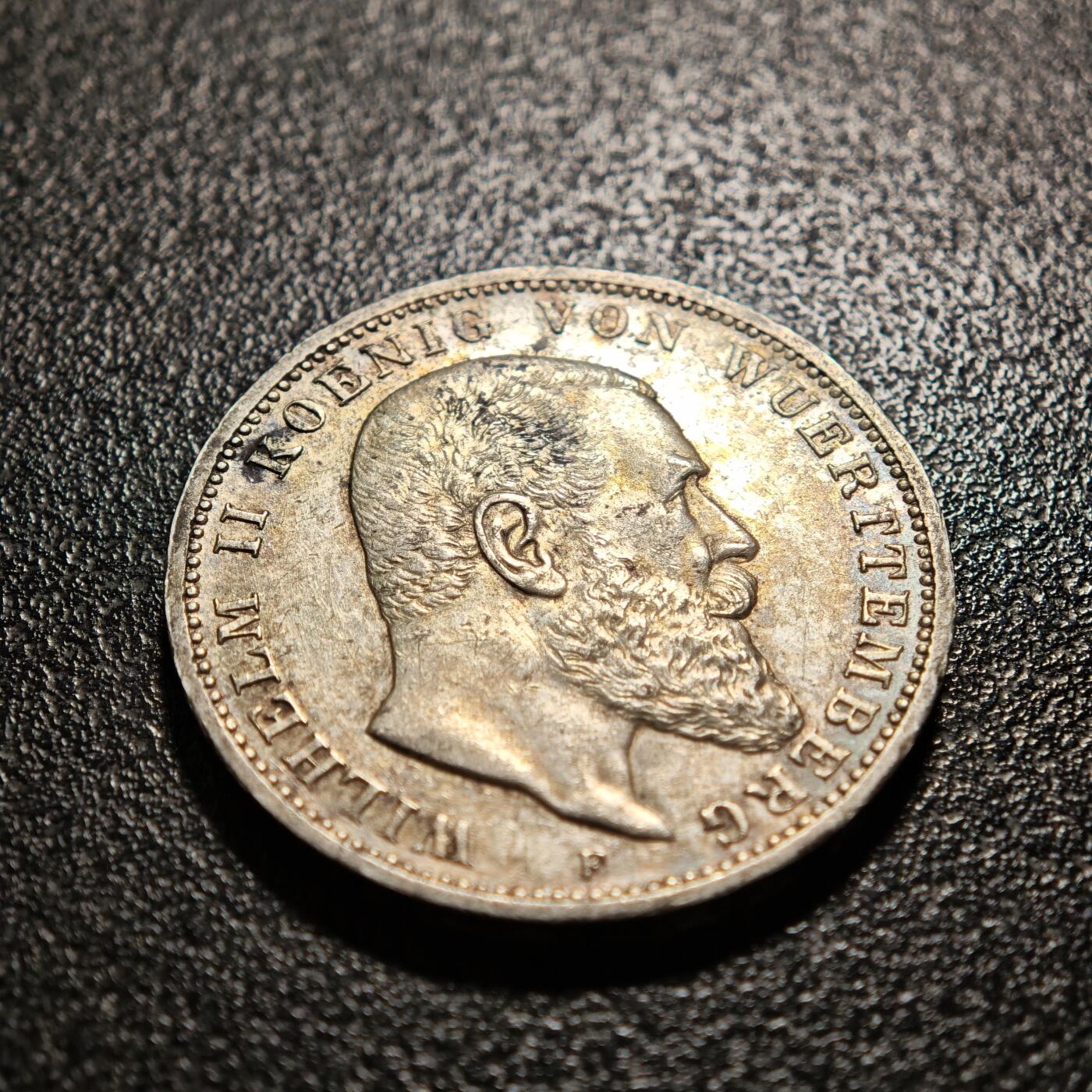 【德藏】世界币章拍卖第169期（拍品征集中~欢迎藏友联系） 1914年 德国符腾堡威廉二世3马克银币 直径约：33mm；重约：16.6g 淡彩包浆