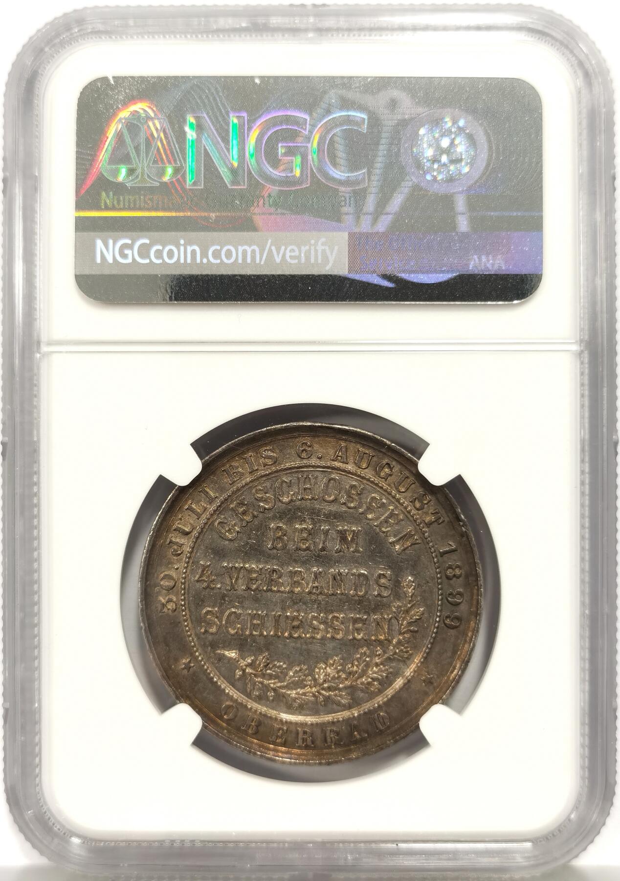 博洋堂“芳菲春韵”3月精品大拍专场暨第166期（全场包邮） NGC UNCD 德国柏林地区1899年第四届联邦射击节纪念银章（34mm），举办地奥比斯费尔德，高浮雕设计华丽，人像面是象征德意志形象身着古典长袍的女性左手持盾右手指引身旁孩童手持弓弩射向远方，背面标注举办地举办地时间和主题，章面五彩硫化包浆非常好看，可惜边道上有一处焊点移除