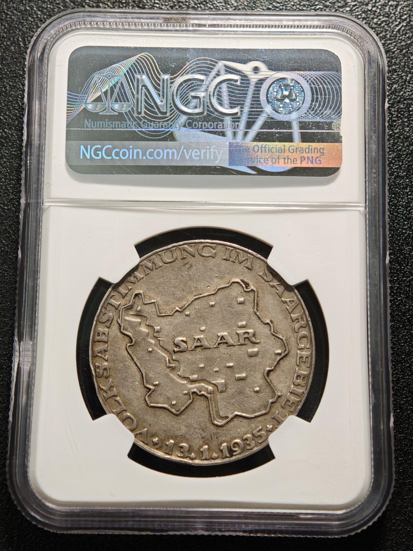 【德藏】世界币章拍卖第169期（拍品征集中~欢迎藏友联系） 1935年 德国萨尔公投纪念银章 NGC AU