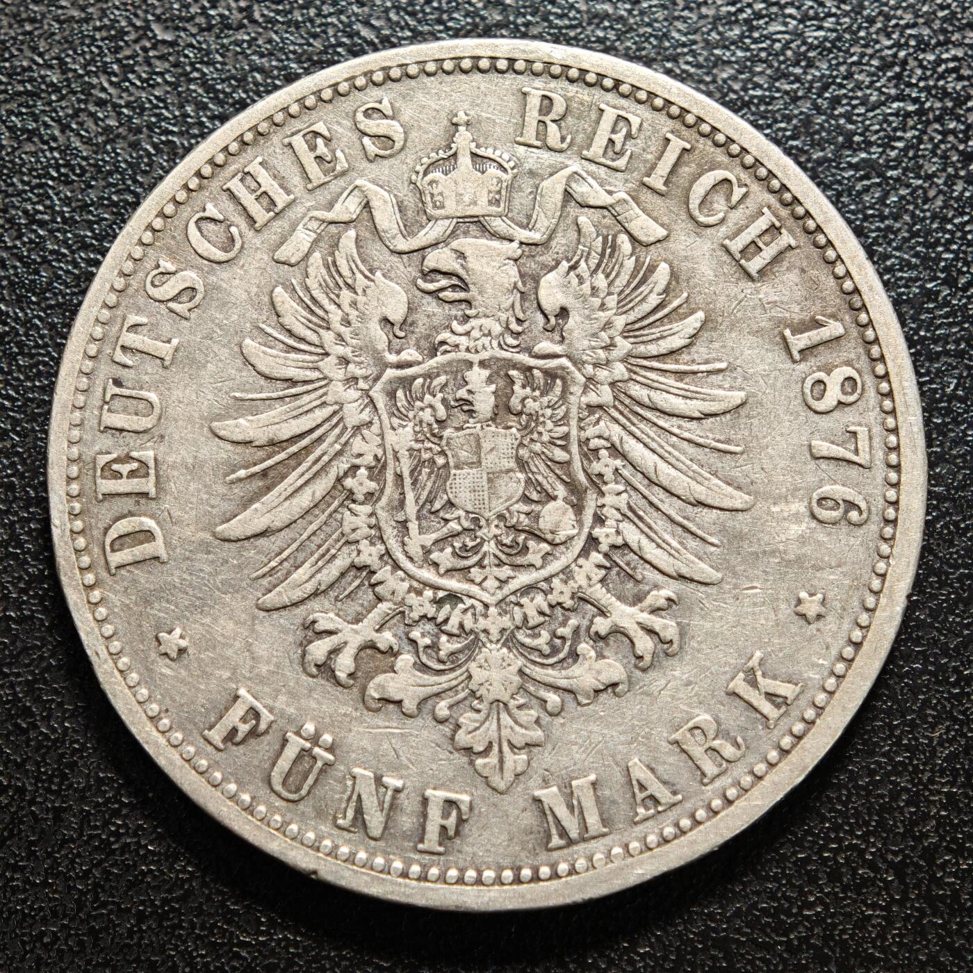 【德藏】世界币章拍卖第169期（拍品征集中~欢迎藏友联系） 1876年 德国普鲁士威廉一世短翅5马克大银币 直径约：38.1mm；重约：27.4g 原味包浆