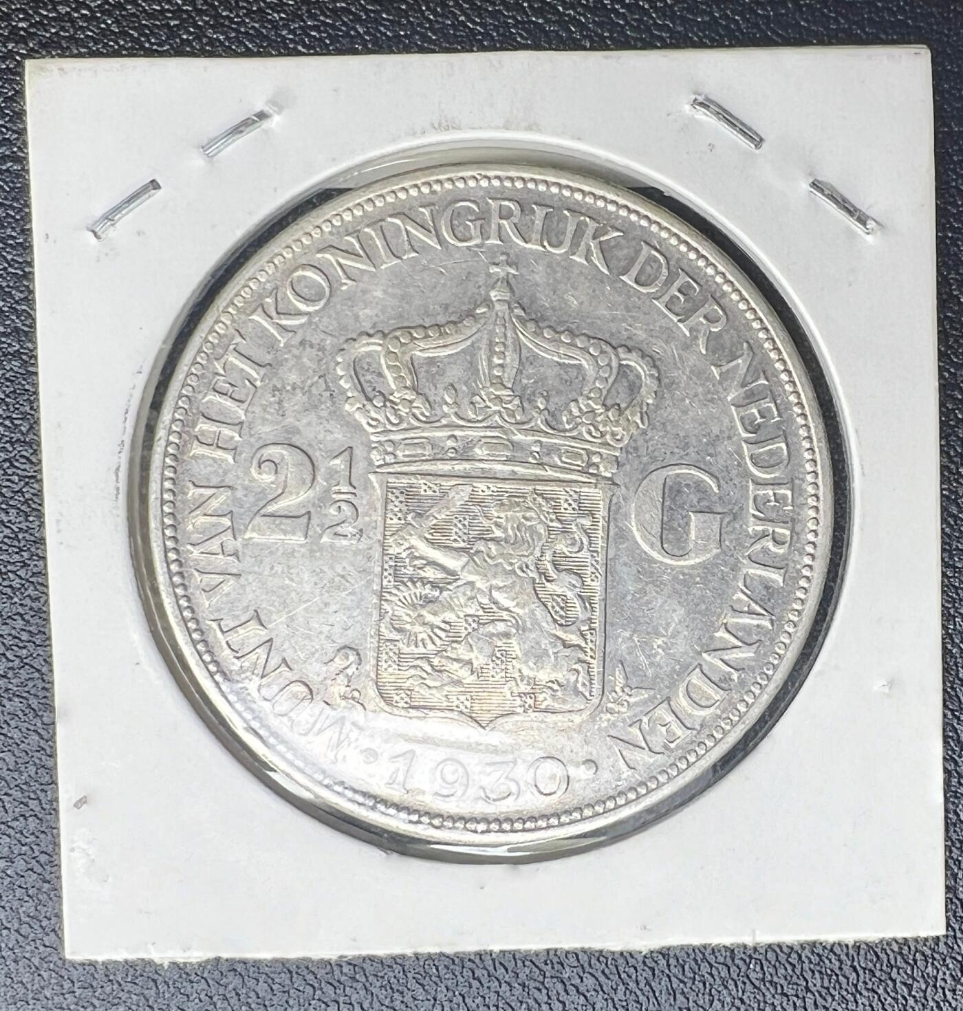 1930 年荷兰威廉敏娜女王 2½ 盾银币 83.5% 银 荷兰盾狮徽老银元